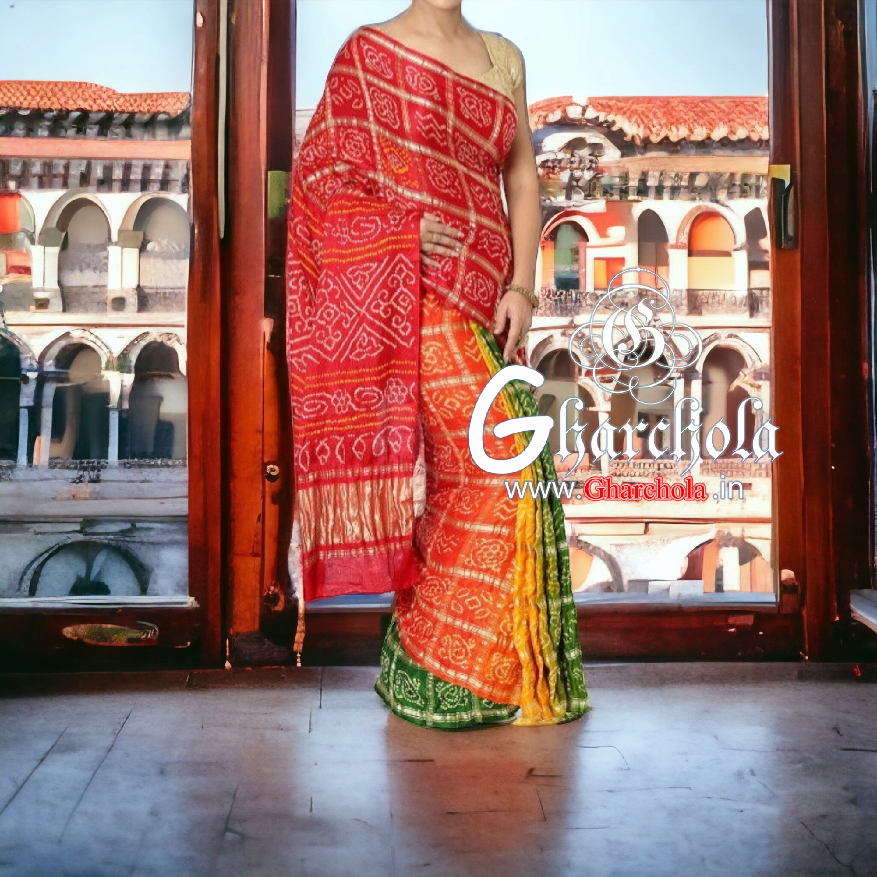 Red Yellow Green Gharchola Saree Pure Gaji Silk Rai Bandhani Gharchola