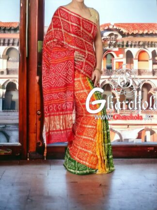 Red Yellow Green Gharchola Saree Pure Gaji Silk Rai Bandhani