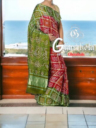 Khaki Red Gharchola Saree Pure Gaji Silk Rai Bandhani