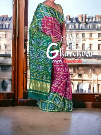 Magenta Rama Gharchola Saree Pure Gaji Silk Rai Bandhani