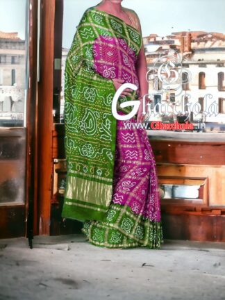 Magenta Green Gharchola Saree Pure Gaji Silk Rai Bandhani