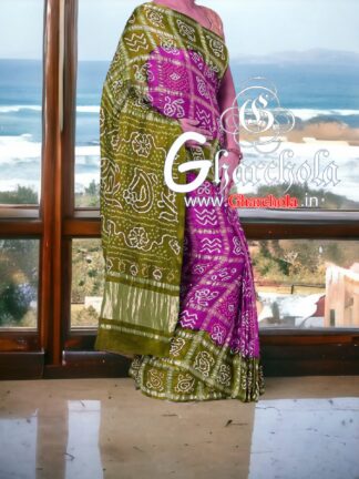 Magenta Khaki Gharchola Saree Pure Gaji Silk Rai Bandhani