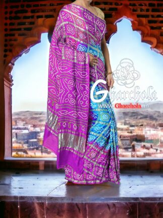 Pink Sky Gharchola Saree Pure Gaji Silk Rai Bandhani