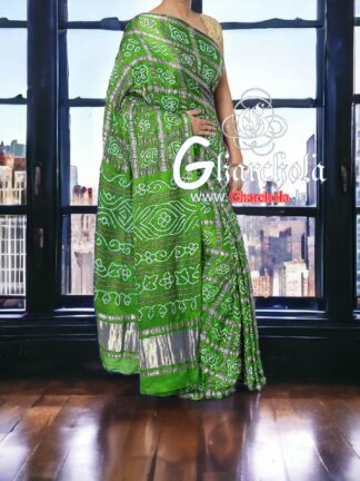 Parrot Rai Bandhani Pure Gaji Silk Gharchola Saree