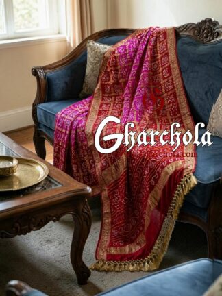 Red Pink Bandhani Gharchola Saree Naksi Jari Pure Gaji Silk