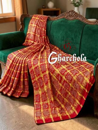 Red Lightning Gharchola Rai Bandhani Saree Traditional Wedding