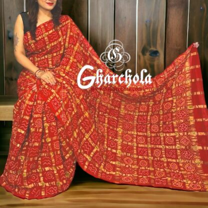 Red Lightning Gharchola Rai Bandhani Saree Traditional Wedding