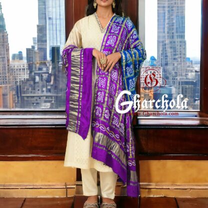 Blue Magenta Bandhani Gharchola Dupatta Pure Gaji Silk