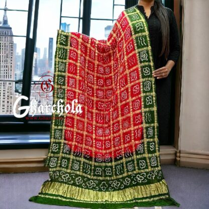 Red Green Bandhani Gharchola Dupatta Pure Gaji Silk