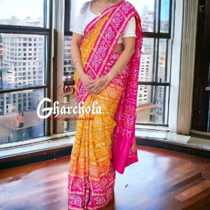 Pink Mango Gharchola Saree Pure Gaji Silk Bandhani