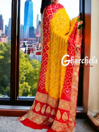 Yellow Orange Banarasi Bandhani Dupatta Georgette Silk