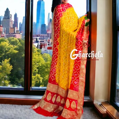 Yellow Orange Banarasi Bandhani Dupatta Georgette Silk