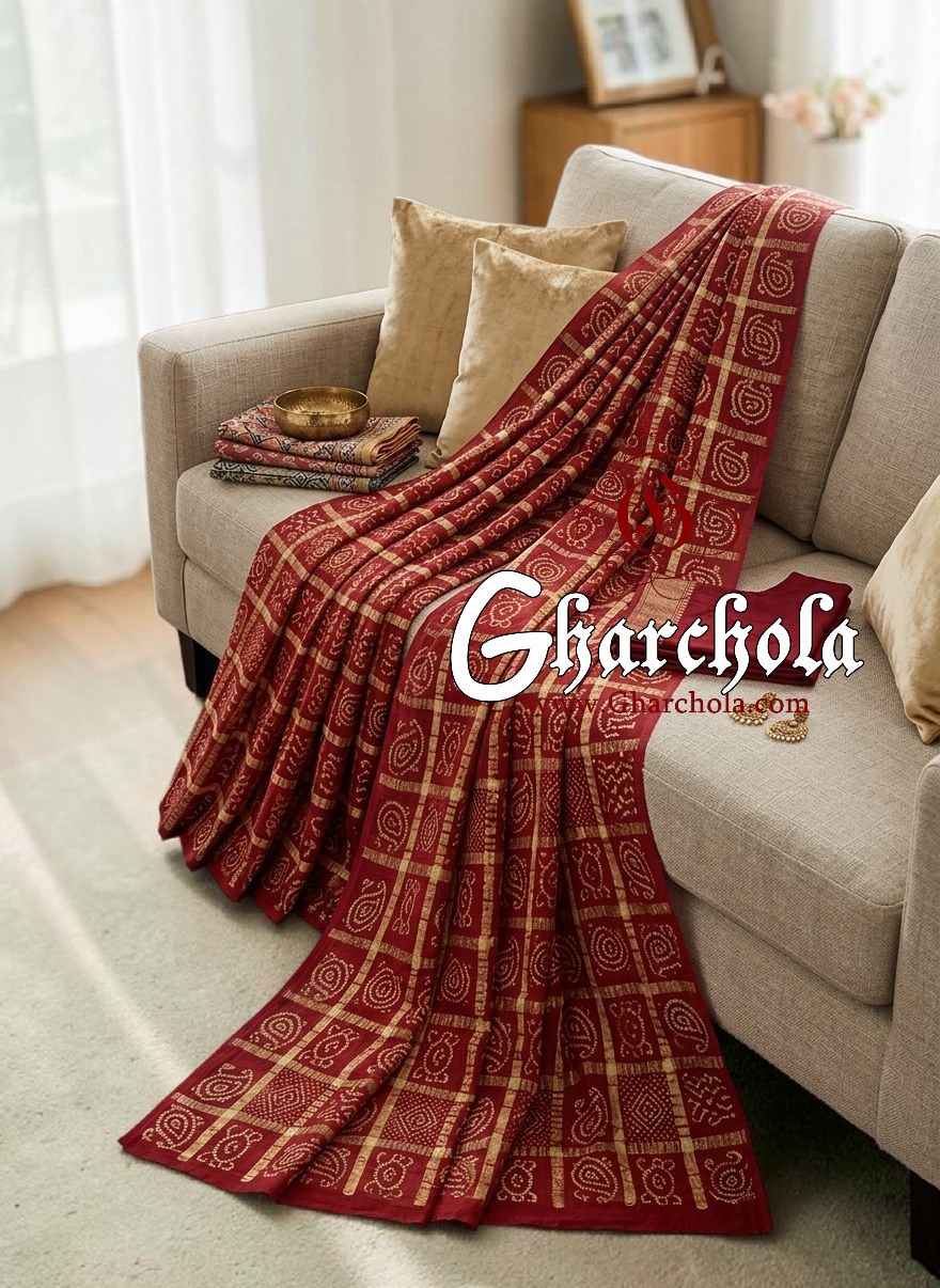 Red Marronies Gharchola Rai Bandhani Saree Traditional Wedding Without figure