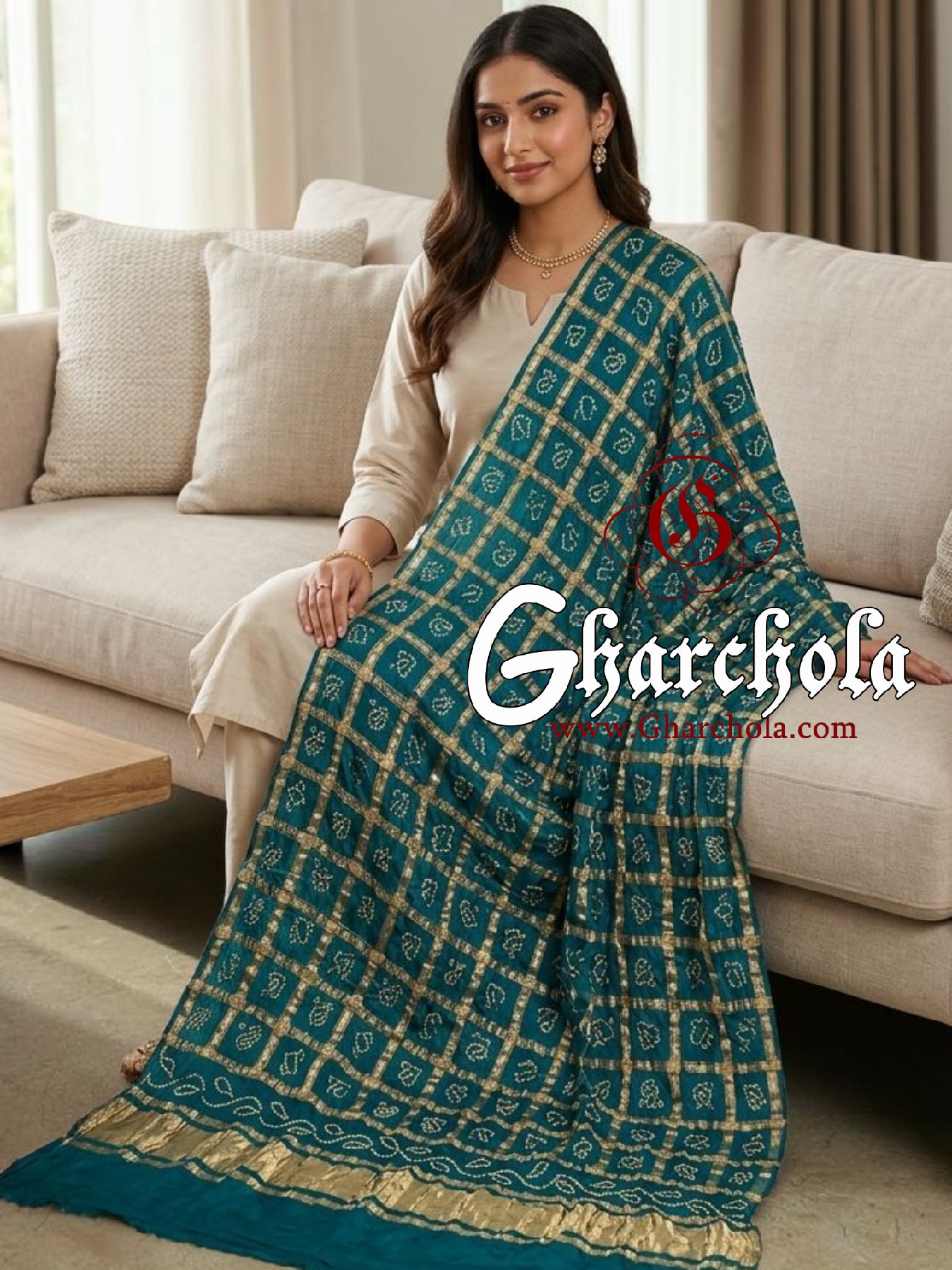 Teal Firozi Neela Rai Bandhani Gharchola Dupatta Pure Gaji Silk