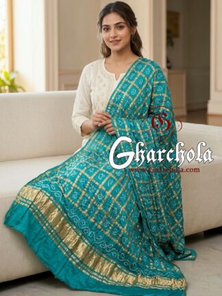 Turquoise Rai Bandhani Gharchola Dupatta Pure Gaji Silk