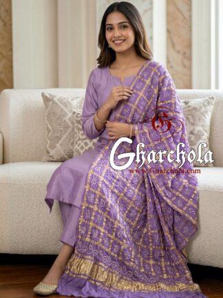 Lavender Lilac Rai Bandhani Gharchola Dupatta Pure Gaji Silk
