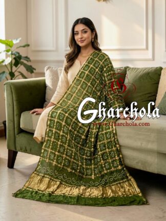 Mehendi Green Rai Bandhani Gharchola Dupatta Pure Gaji Silk