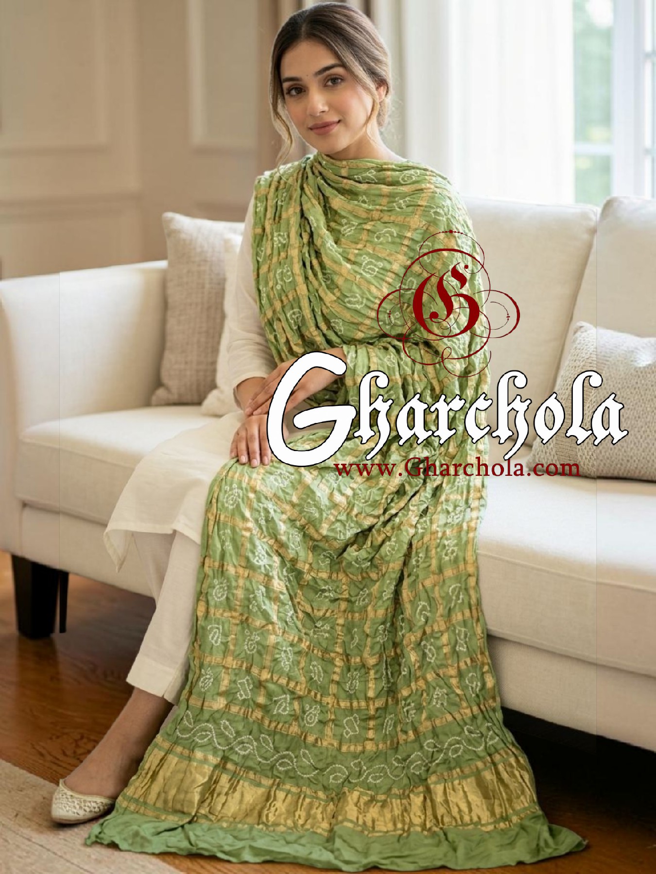 Pistachio Green Rai Bandhani Gharchola Dupatta Pure Gaji Silk