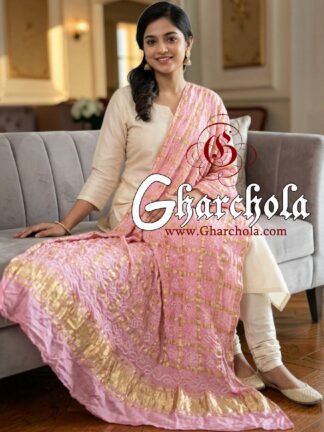 Baby Pink Rai Bandhani Gharchola Dupatta Pure Gaji Silk
