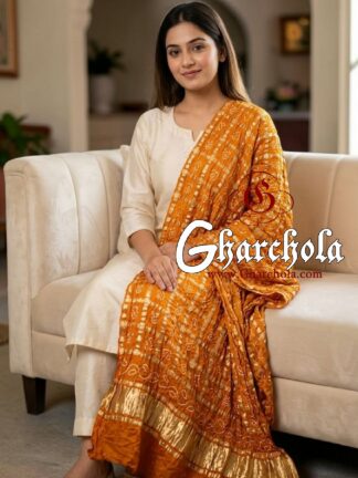 Saffron Orange Rai Bandhani Gharchola Dupatta Pure Gaji Silk