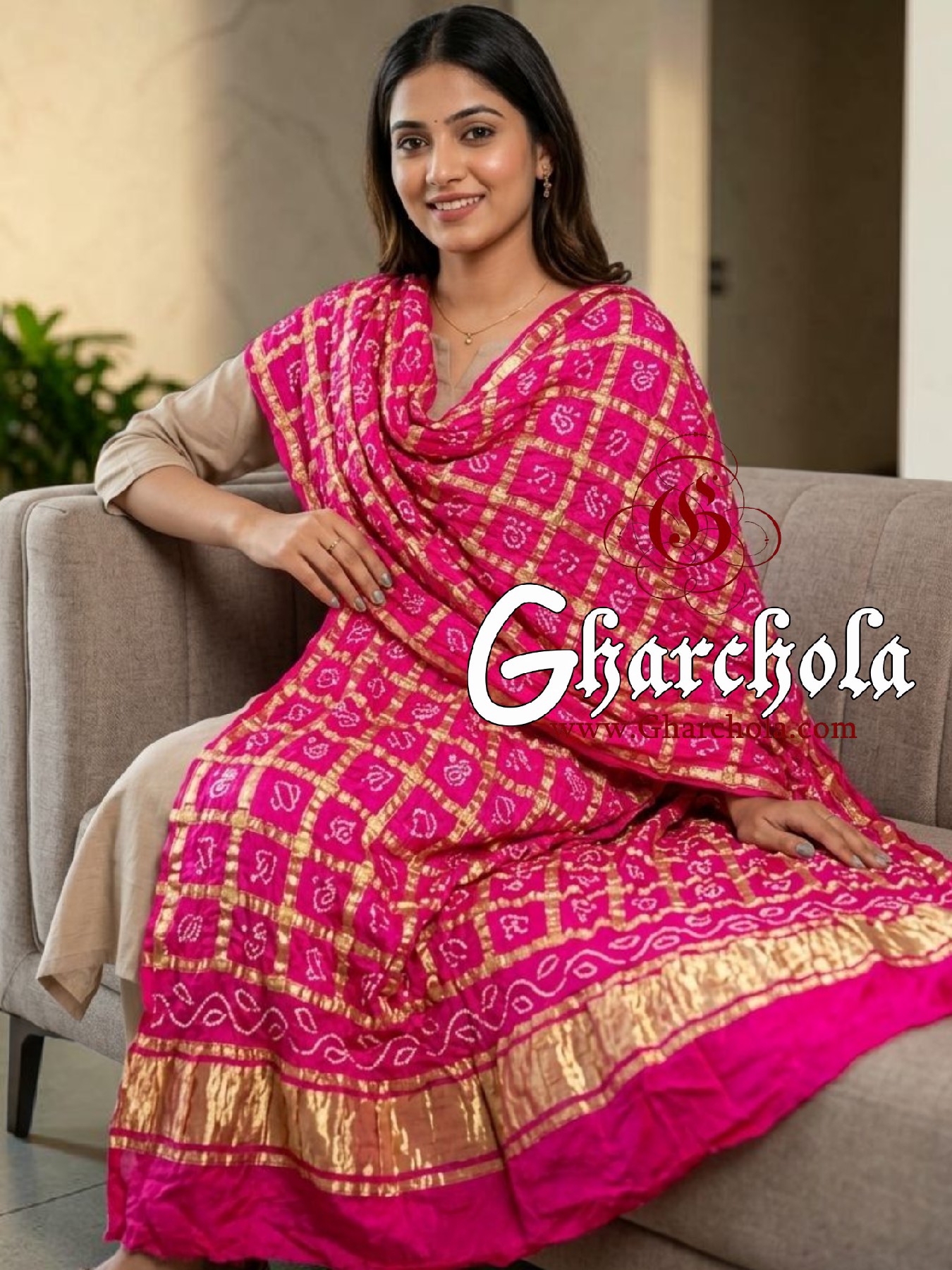Hot Pink Gulabi Rai Bandhani Gharchola Dupatta Pure Gaji Silk