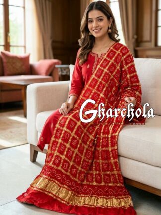 Red Rai Bandhani Gharchola Dupatta Pure GajiSilk