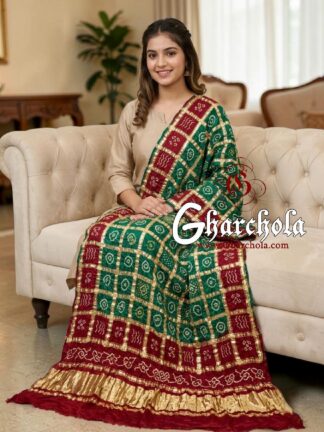 Blood Red Green Rai Bandhani Gharchola Dupatta Pure Gaji Silk
