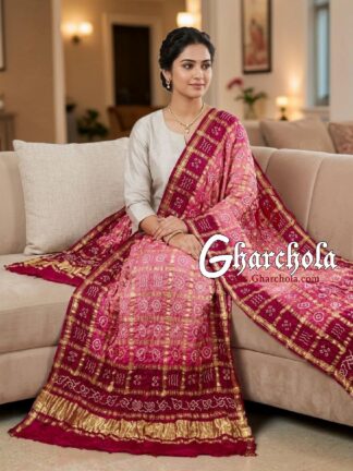 Blood Red Baby Pink Rai Bandhani Gharchola Dupatta Pure Gaji Silk