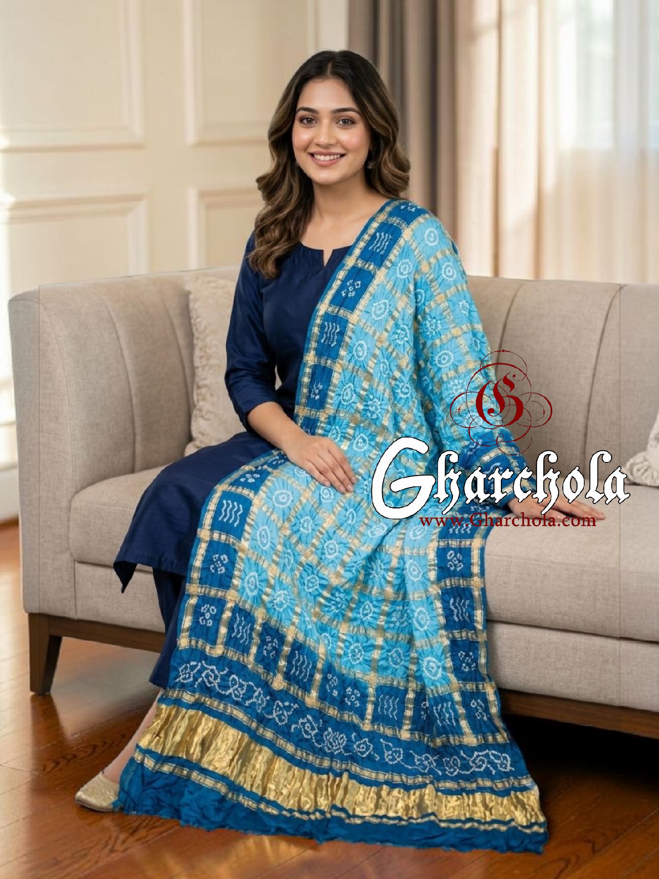 Sky Royal Sky Rai Bandhani Gharchola Dupatta Pure Gaji Silk