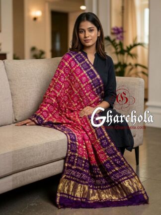 Purple Pink Rai Bandhani Gharchola Dupatta Pure Gaji Silk