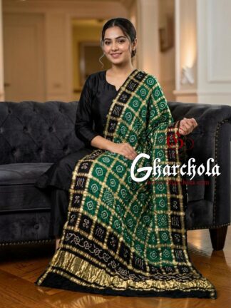 Black Green Rai Bandhani Gharchola Dupatta Pure Gaji Silk