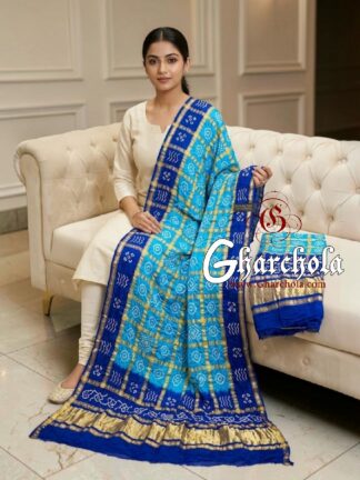 Royal Blue Sky Rai Bandhani Gharchola Dupatta Pure Gaji Silk