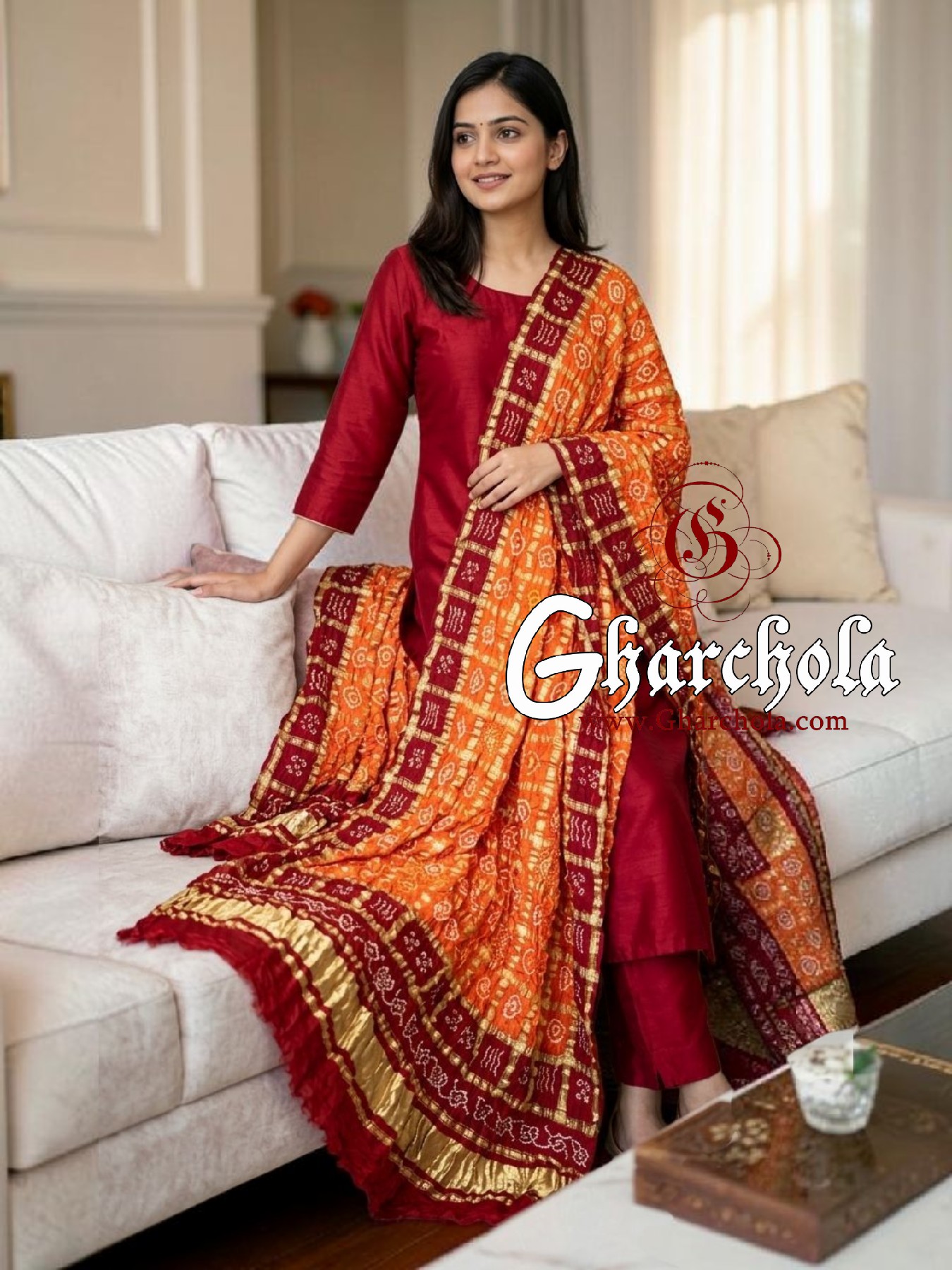 Blood Red Orange Rai Bandhani Gharchola Dupatta Pure Gaji Silk