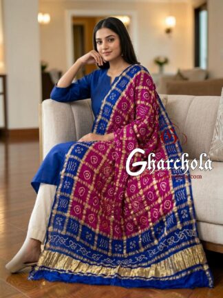 Blue Magenta Rai Bandhani Gharchola Dupatta Pure Gaji Silk