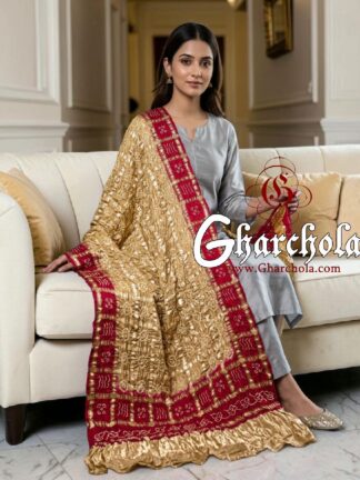 Beige Red Beige Rai Bandhani Gharchola Dupatta Pure Gaji Silk