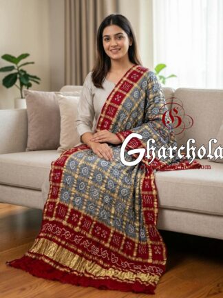 Blood Red Grey Rai Bandhani Gharchola Dupatta Pure Gaji Silk