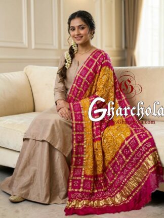 Pink Mustard Pink Rai Bandhani Gharchola Dupatta Pure Gaji Silk