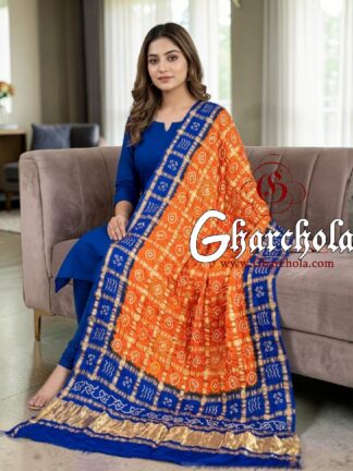 Blue Orange Rai Bandhani Gharchola Dupatta Pure Gaji Silk