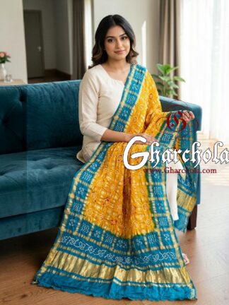 Peacock Blue Mustard Yellow Rai Bandhani Gharchola Dupatta Pure Gaji Silk