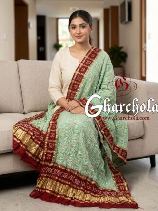 Blood Red Mint Green Rai Bandhani Gharchola Dupatta Pure Gaji Silk