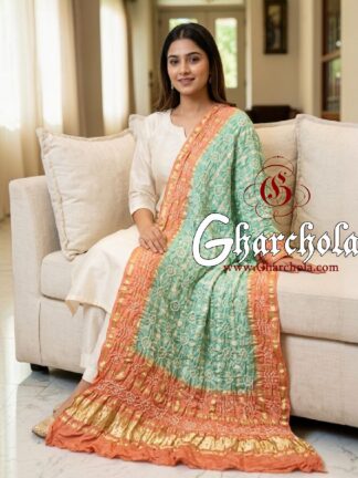 Peach Mint Green Rai Bandhani Gharchola Dupatta Pure Gaji Silk