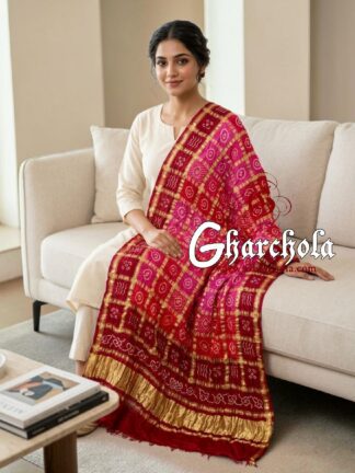 Blood Red Pink Rai Bandhani Gharchola Dupatta Pure Gaji Silk
