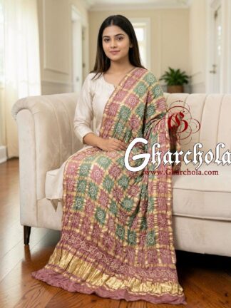 Dusty Rose Mint Rai Bandhani Gharchola Dupatta Pure Gaji Silk