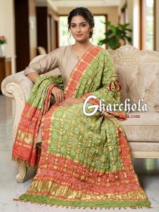 Pista Green Burnt Orange Pista Rai Bandhani Gharchola Dupatta Pure Gaji Silk