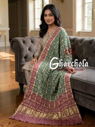 Dusty Rose Saga Green Rai Bandhani Gharchola Dupatta Pure Gaji Silk