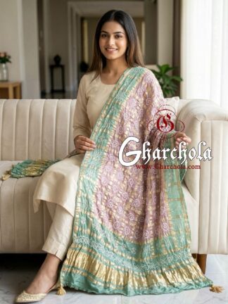 Pistachio Coral Rai Bandhani Gharchola Dupatta Pure Gaji Silk
