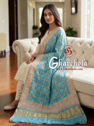 Sky Pearl Sky Rai Bandhani Gharchola Dupatta Pure Gaji Silk