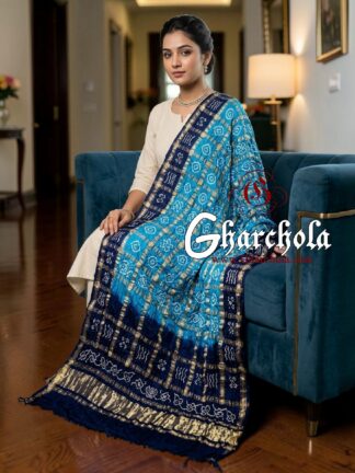 Navy Sky Rai Bandhani Gharchola Dupatta Pure Gaji Silk