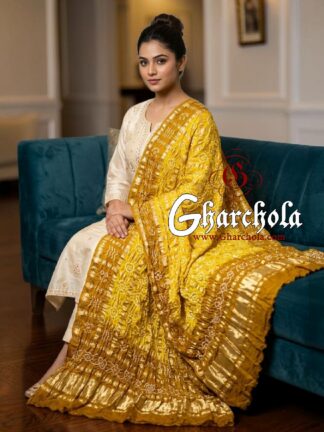 Mustard Lemon Yellow Rai Bandhani Gharchola Dupatta Pure Gaji Silk