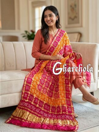 Pink Orange Pink Rai Bandhani Gharchola Dupatta Pure Gaji Silk